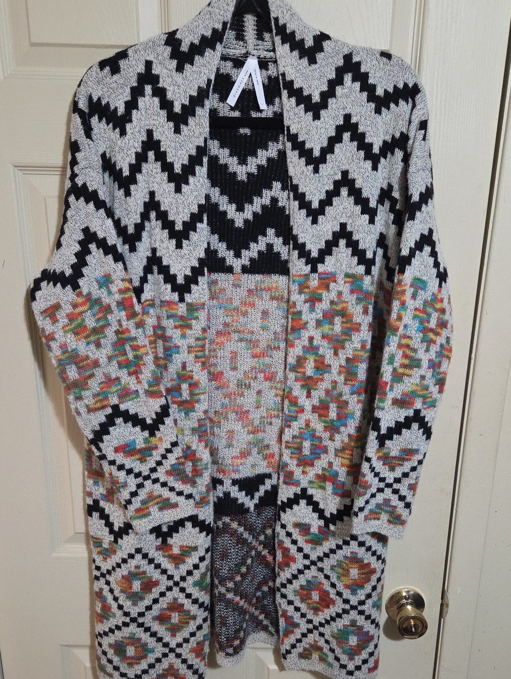 DREAMERS  Black & Cream Open-Front Cardigan with Multicolor Geometric Accents